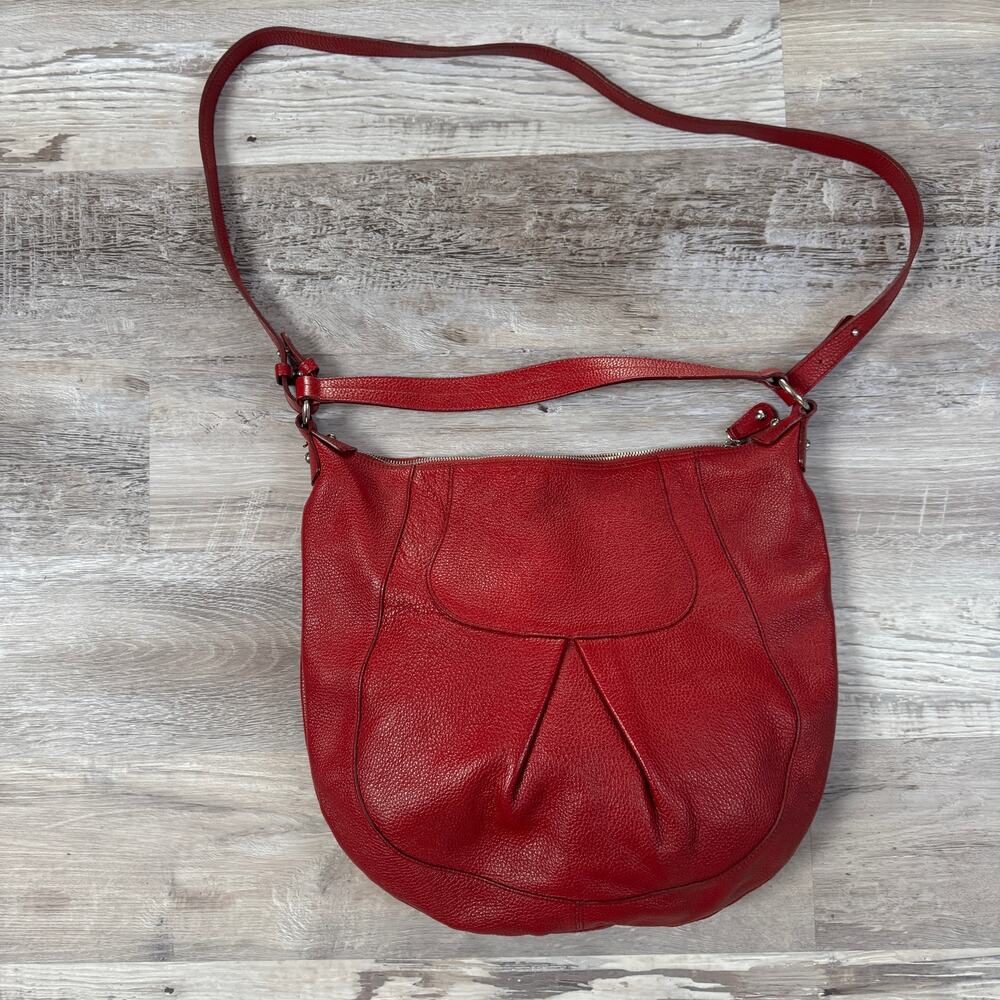 Furla Red Pebbled Leather Hobo Shoulder Bag Large Slouchy Zip Top Purse